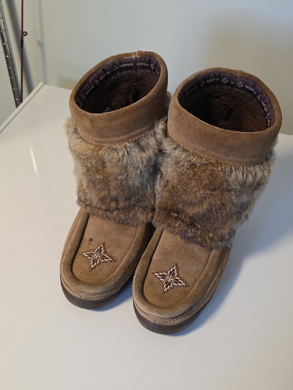 Women’s Tan Faux-Fur Moccasin Boots - Beaded Star Accent